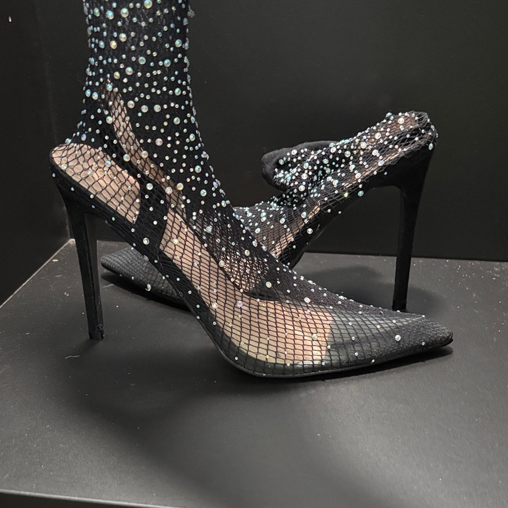 Fashion Nova Black Mesh Heels with Rhinestones
